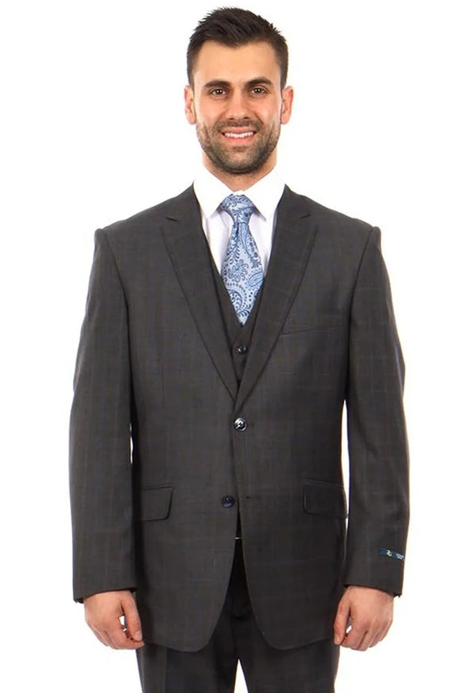 Zegarie Suits - Men's 100% Wool Modern Fit Vested Suit in Charcoal Grey & Blue Windowpane Plaid