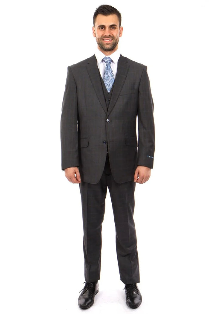 Zegarie Suits - Men's 100% Wool Modern Fit Vested Suit in Charcoal Grey & Blue Windowpane Plaid