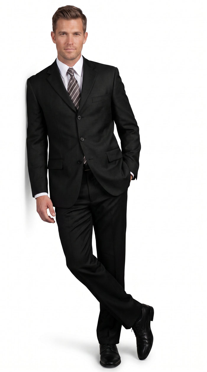 Men’s Black 3 Button 100% Wool Suit, Classic Business Formal Wedding Dress Suit