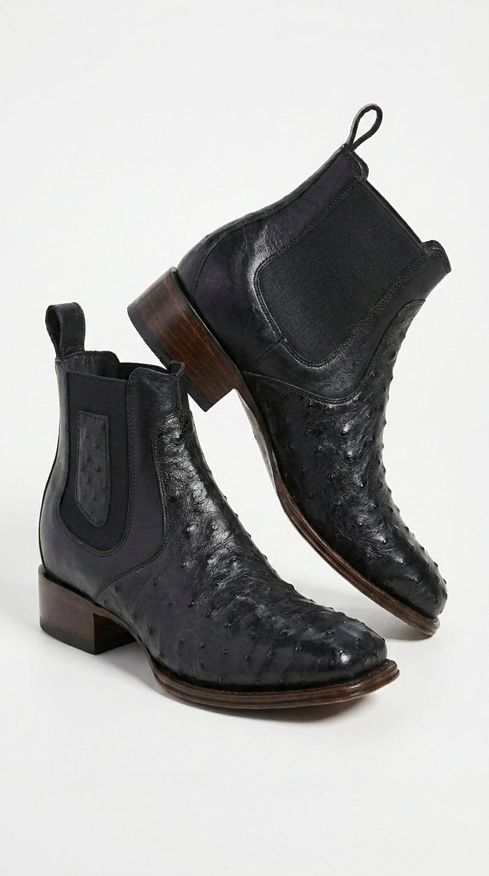Men’s Black Ostrich Leather Ankle Boots, Square Toe Exotic Western Dress Boots
