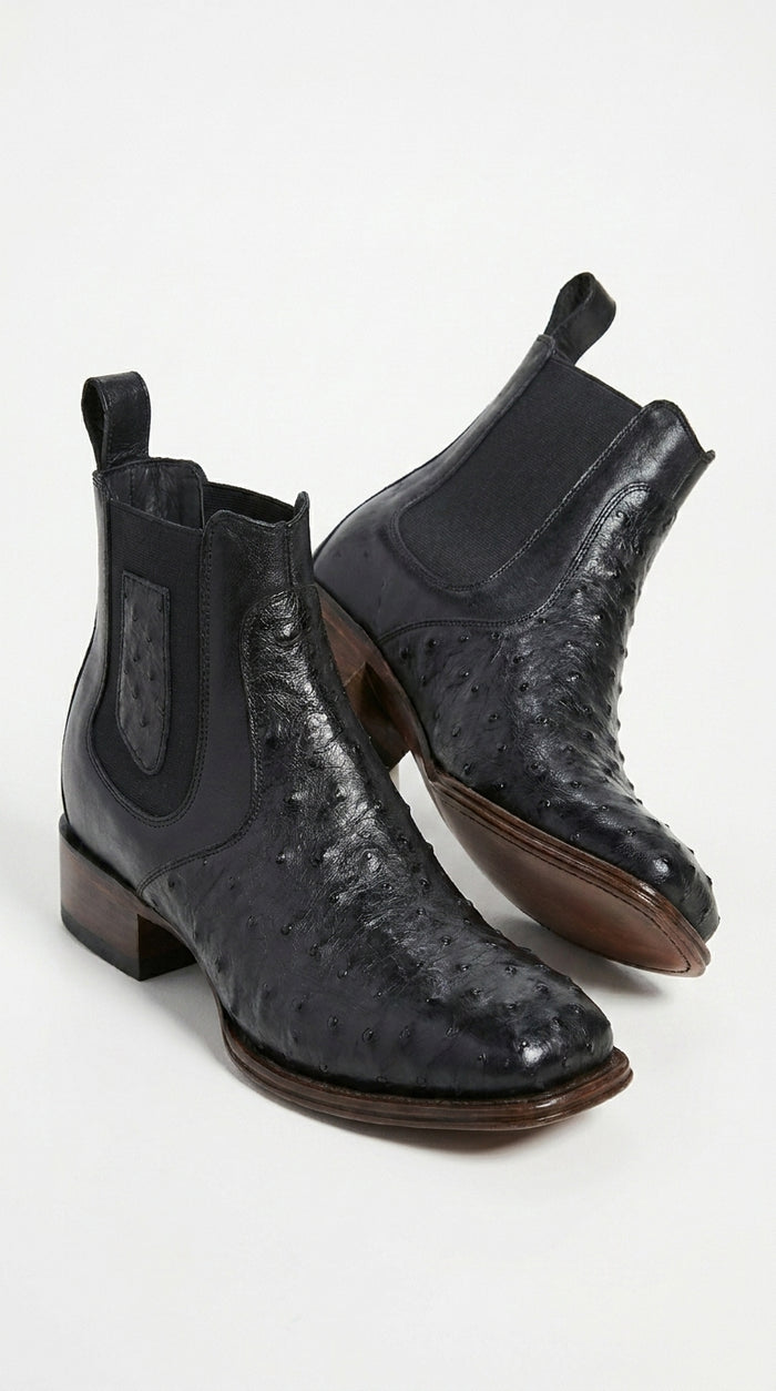 Men’s Black Ostrich Leather Ankle Boots, Square Toe Exotic Western Dress Boots