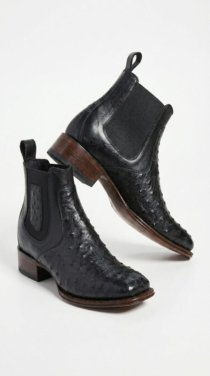 Men’s Black Ostrich Leather Ankle Boots, Square Toe Exotic Western Dress Boots