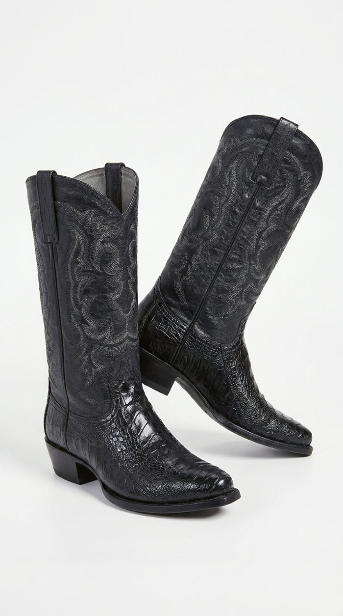Los Altos Men’s Black Genuine Ostrich Leg Cowboy Boots – Snip Toe Western Dress Boots