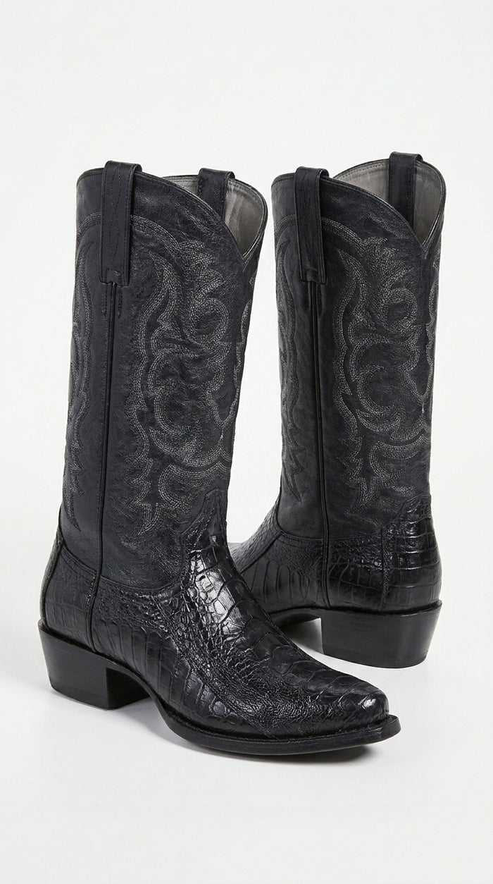 Los Altos Men’s Black Genuine Ostrich Leg Cowboy Boots – Snip Toe Western Dress Boots