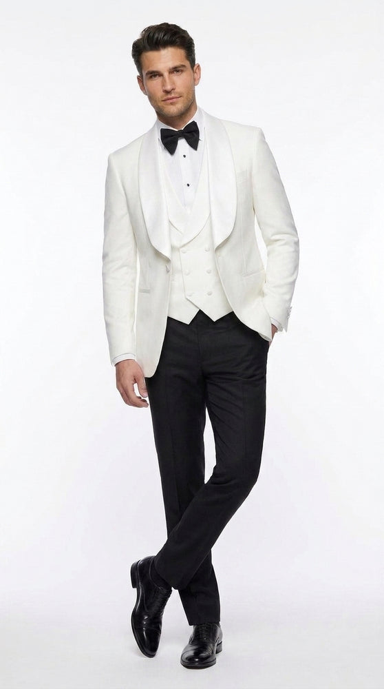 Men’s White 3-Piece Tuxedo Suit – Wide Shawl Lapel Wedding, Prom and Formal Suit