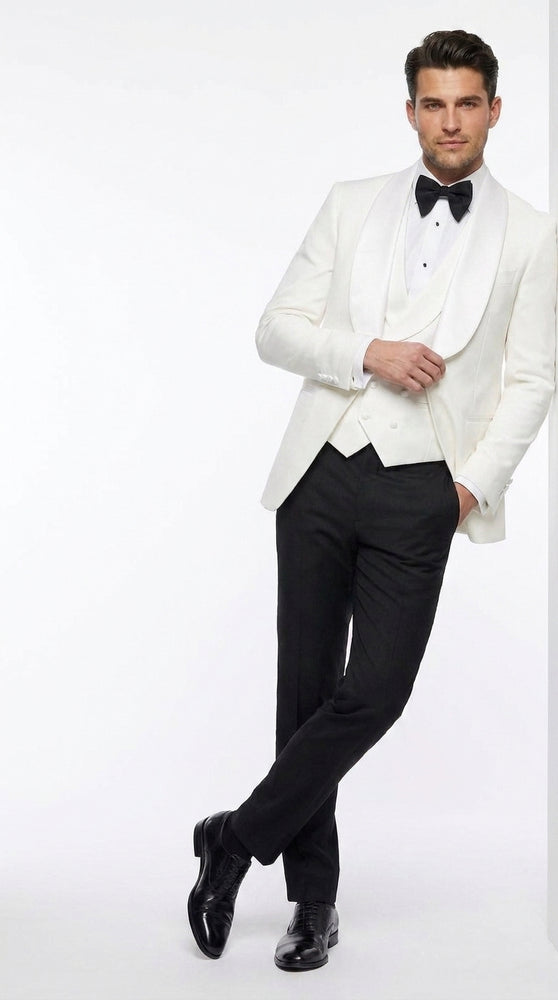 Men’s White 3-Piece Tuxedo Suit – Wide Shawl Lapel Wedding, Prom and Formal Suit