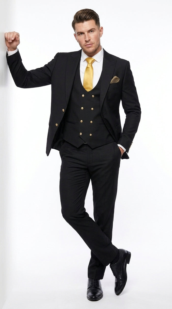 Men’s Black Slim-Fit 3-Piece Suit with Gold Buttons – Double-Breasted Vest Wedding and Formal Suit