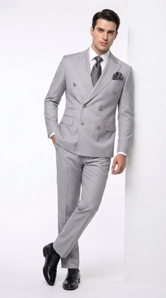 Rossi Man Men’s Silver Double-Breasted Suit – Modern Fit Wedding, Prom and Formal 2-Piece Suit