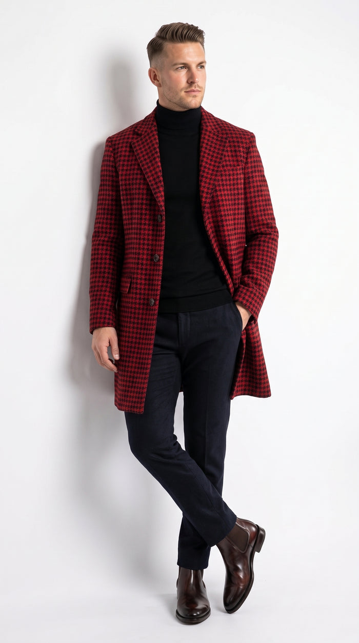 Men’s Red and Black Plaid Peacoat – Wool-Blend Houndstooth Winter Overcoat