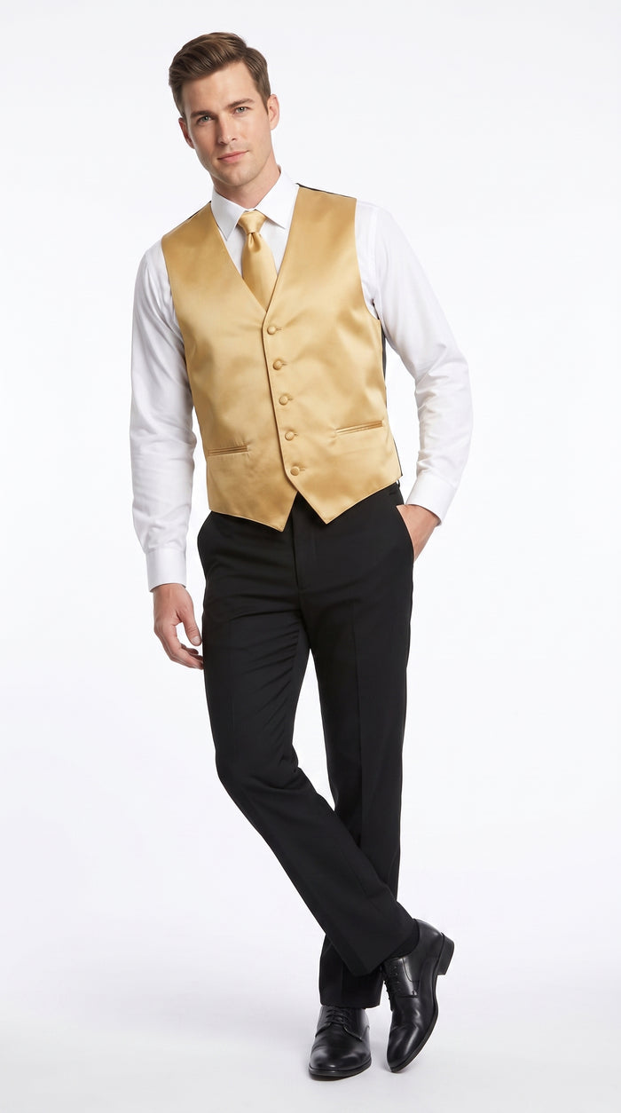 Men’s Gold Tuxedo Vest and Tie Set, Formal Wedding Waistcoat with Neck Tie