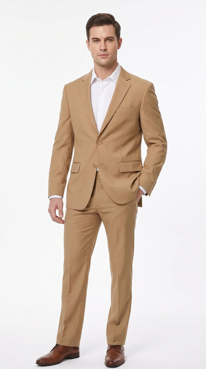 Men’s Khaki Beige 2 Button Business Suit, Camel Bronze Formal Dress Suit for Weddings and Clearance Sale