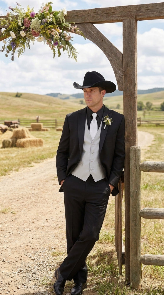 Men’s Black Western Cowboy Suit, Country Wedding Tuxedo with Silver Vest