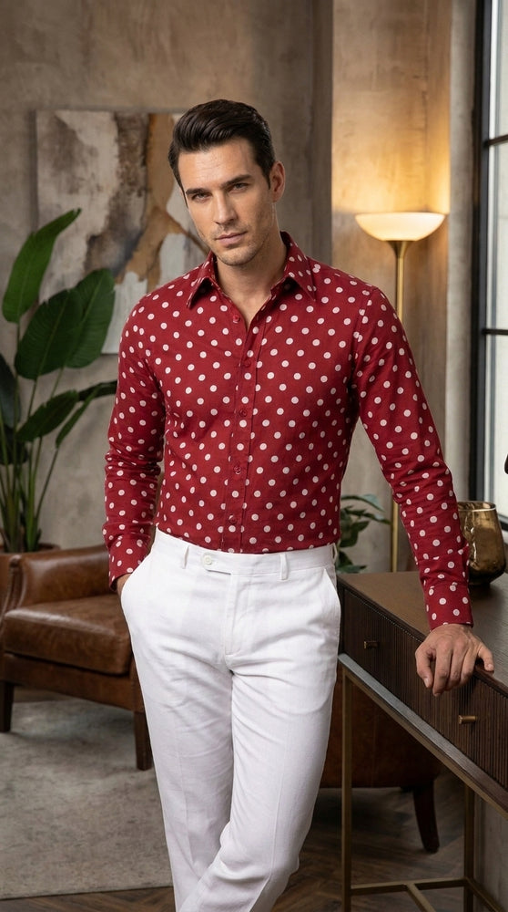 Men’s Multi-Color Cotton Polka Dot Dress Shirt with Tie, Fashion Pattern Button Down Shirt