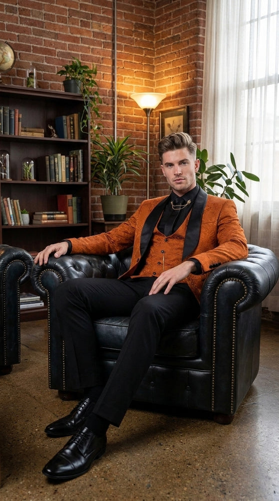 Men’s Burnt Orange Floral Brocade Tuxedo, Designer Formal Wedding Prom Dinner Suit