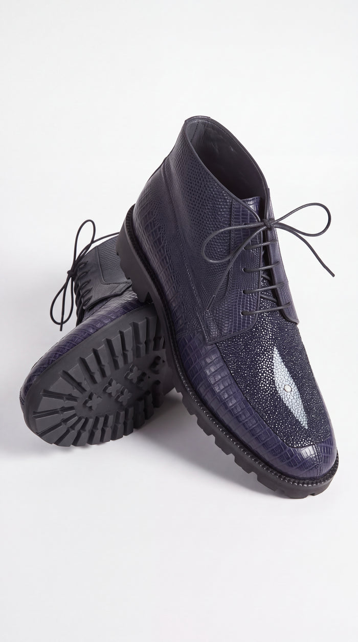 Los Altos Navy Genuine Lizard & Stingray Ankle Boots