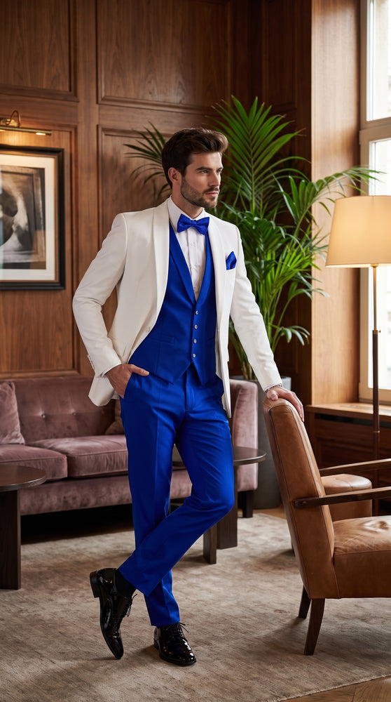 Men’s White and Royal Blue Tuxedo Wedding Suit – White Dinner Jacket with Royal Blue Vest, Pants & Bow Tie