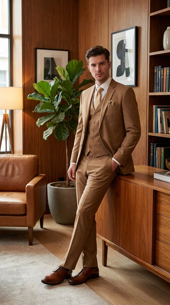 Men’s Camel Vested Suit, 3 Piece Formal Wedding Business Dress Suit