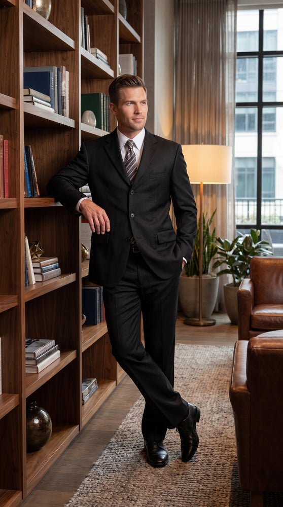 Men’s Black 3 Button 100% Wool Suit, Classic Business Formal Wedding Dress Suit
