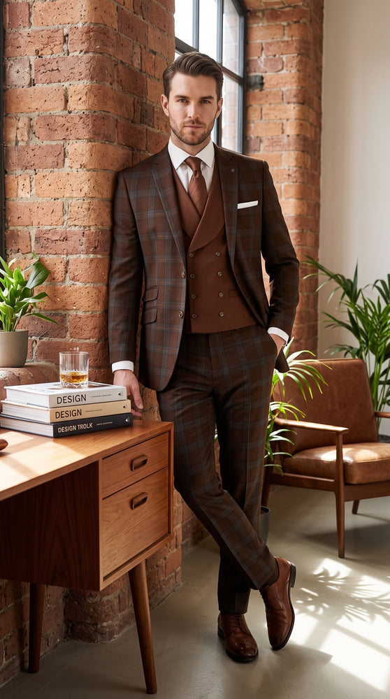 Statement Men’s Brown Plaid 3 Piece Wool Suit, Classic Fashion Suit with Double Breasted Vest