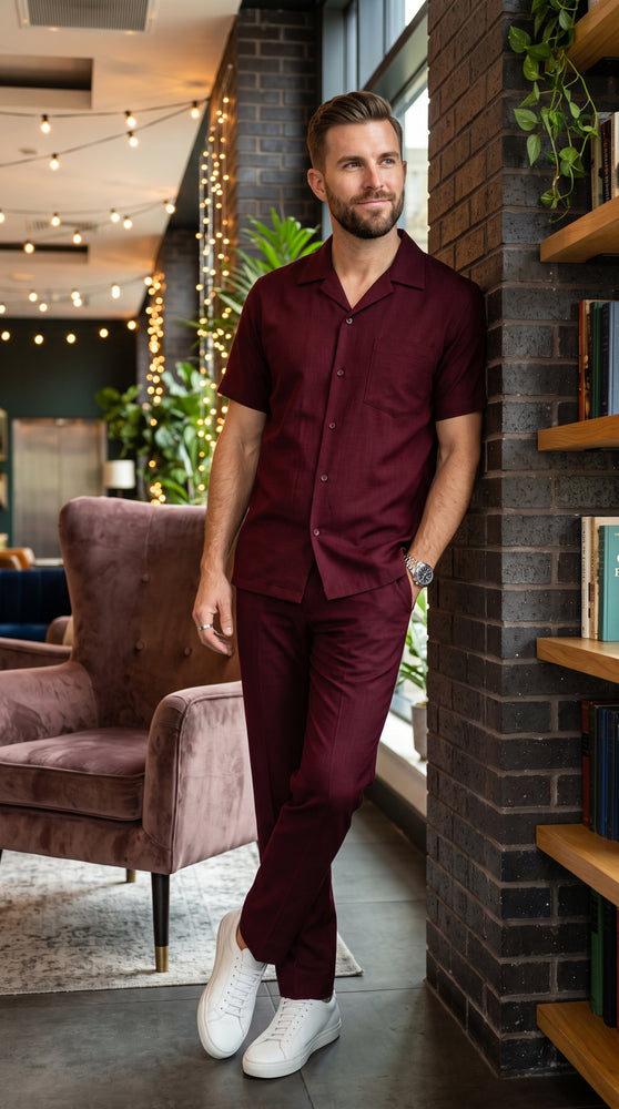 Men’s Burgundy Walking Suit, Big and Tall Casual Shirt and Pants Set up to 6XL