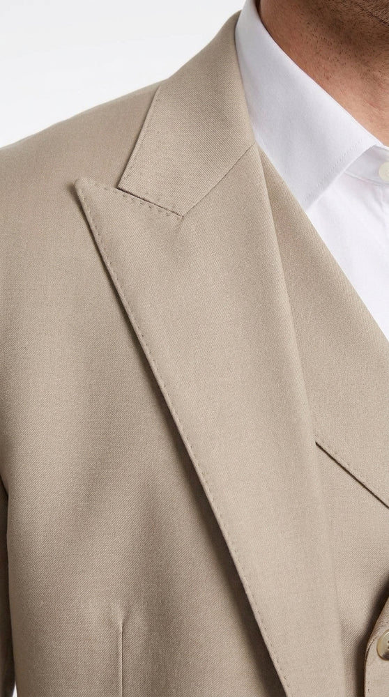 Tiglio Rosso Men’s Tan 3 Piece Italian Wool Suit, Classic Fit Peak Lapel Wide Leg Dress Suit