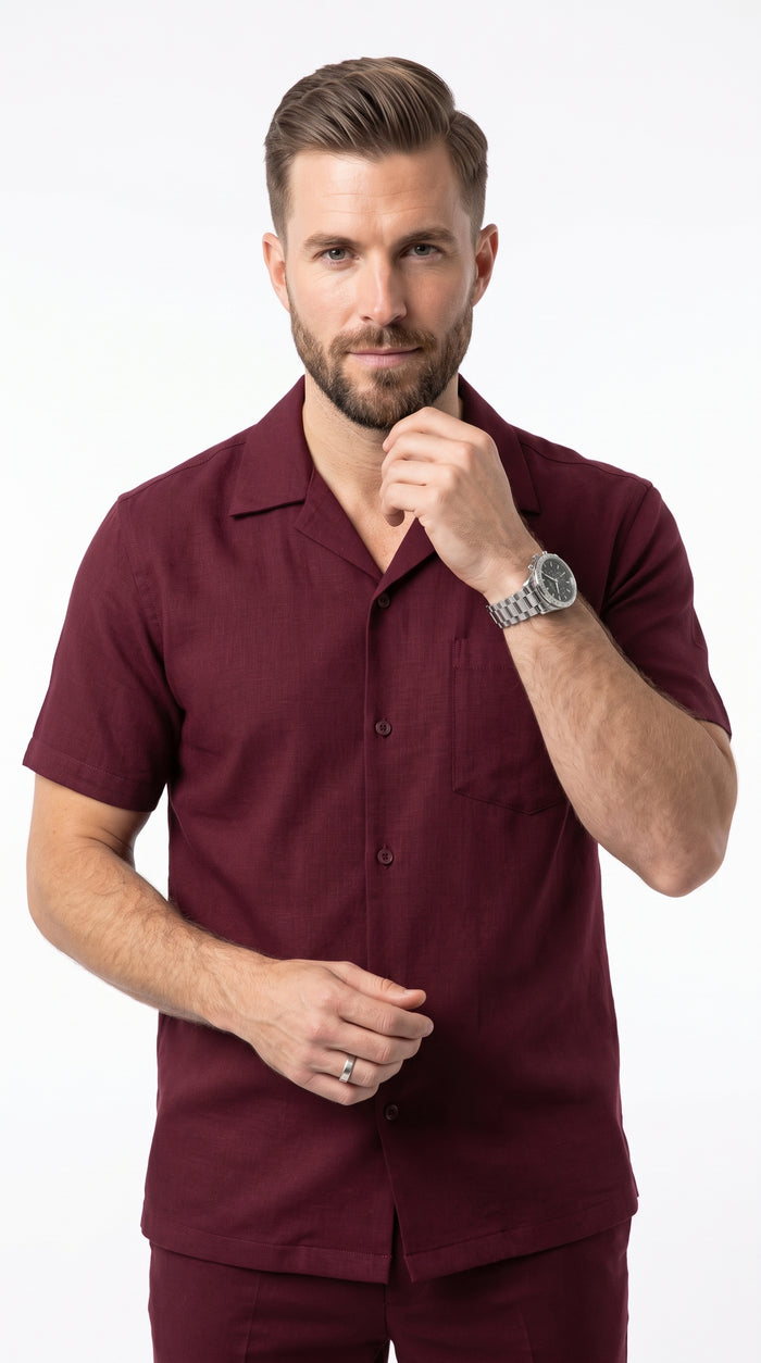 Men’s Burgundy Walking Suit, Big and Tall Casual Shirt and Pants Set up to 6XL