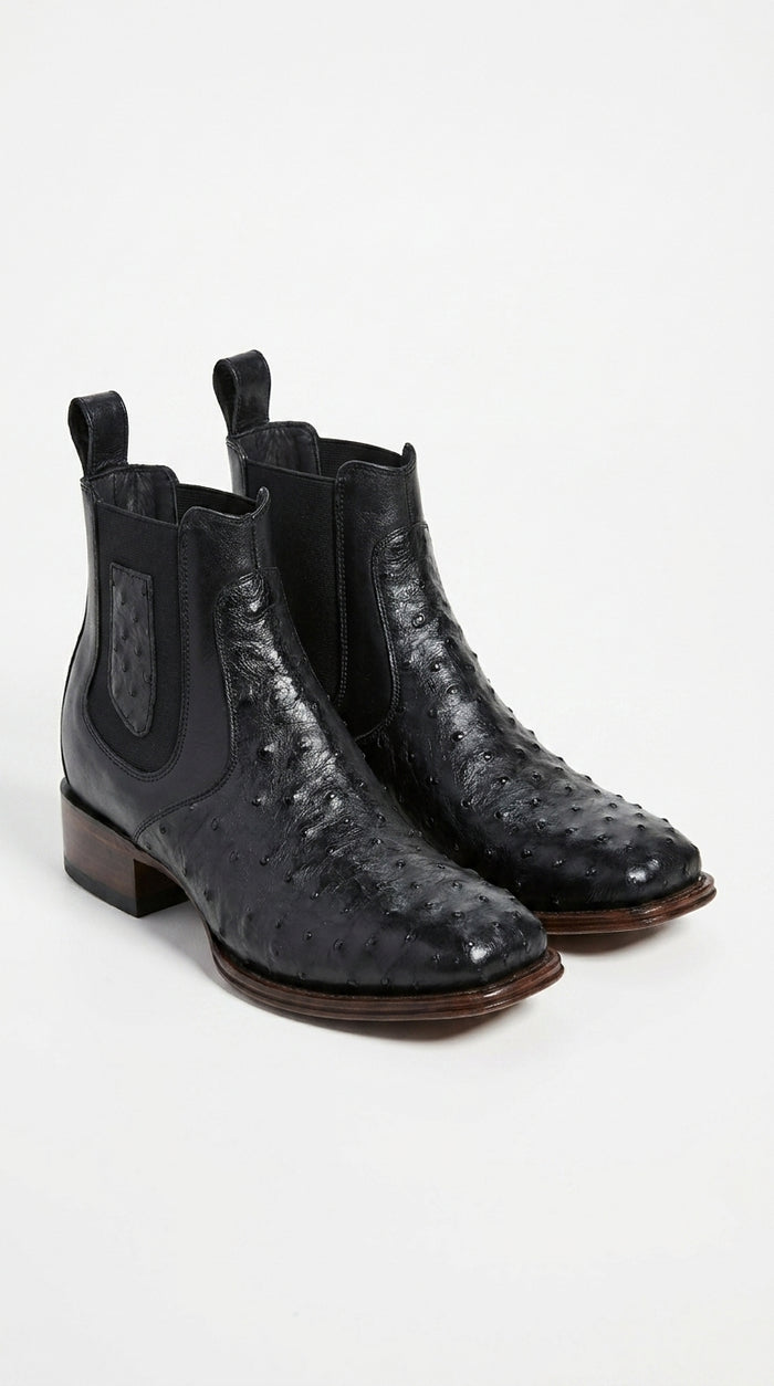 Men’s Black Ostrich Leather Ankle Boots, Square Toe Exotic Western Dress Boots