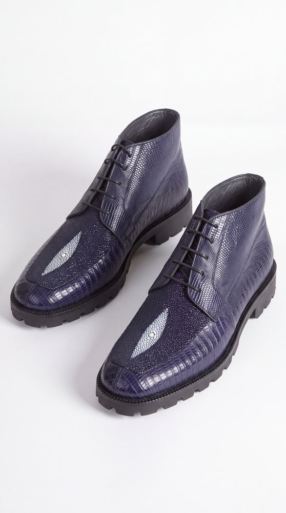 Los Altos Navy Genuine Lizard & Stingray Ankle Boots