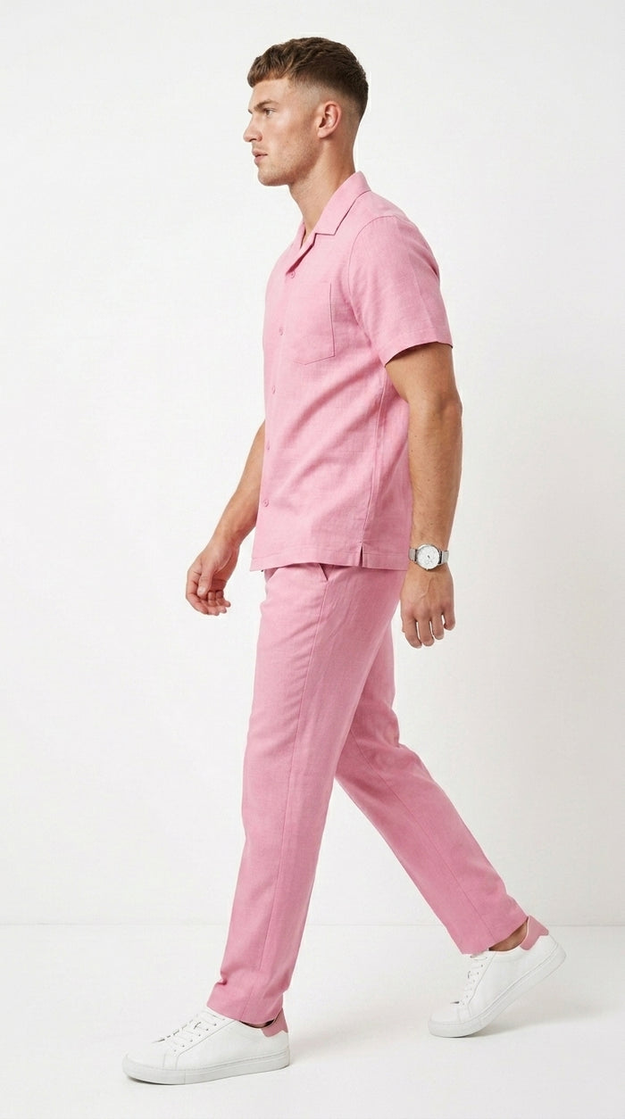 Men’s Lilac Pink Linen Walking Suit with Short Sleeve Shirt and Matching Pants, Summer Casual Outfit