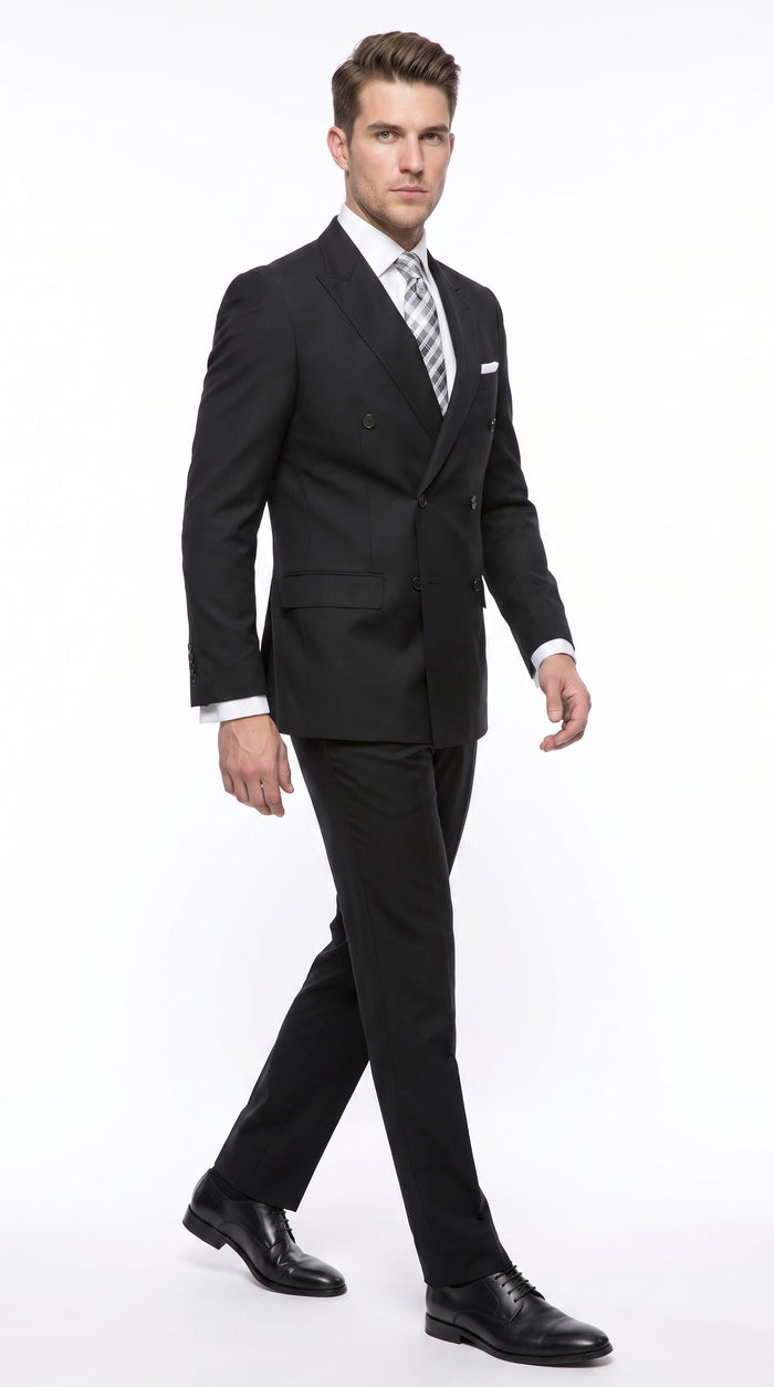Statement Confidence Men’s Black Double Breasted Wool Suit, Italian Design Formal Wedding Business Suit