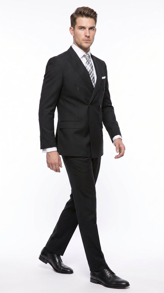 Statement Confidence Men’s Black Double Breasted Wool Suit, Italian Design Formal Wedding Business Suit