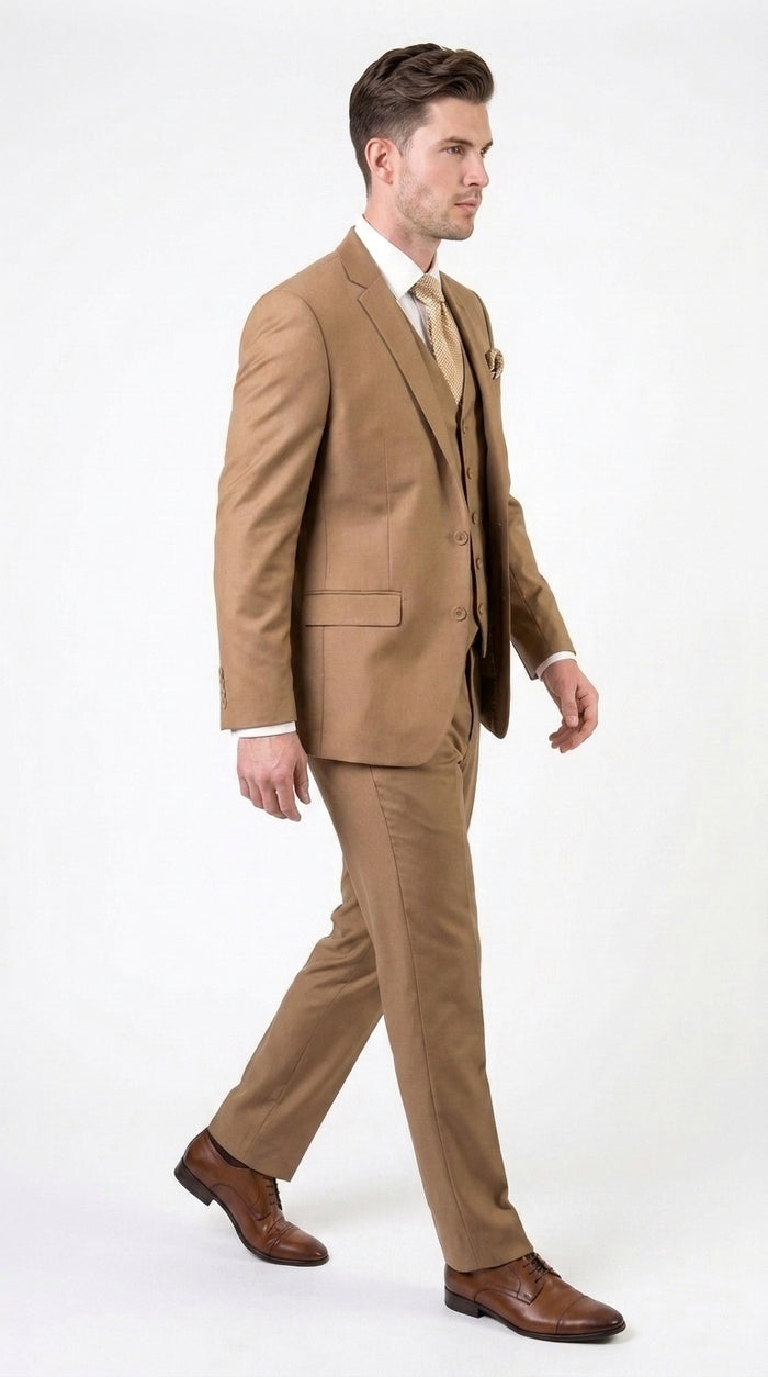 Men’s Camel Vested Suit, 3 Piece Formal Wedding Business Dress Suit
