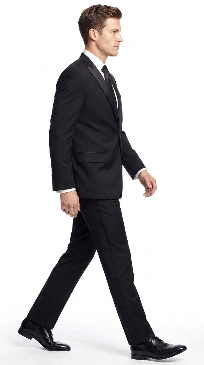 Tiglio Men’s Black Super 150s Tuxedo, 1 Button Peak Lapel Formal Wedding Dinner Suit