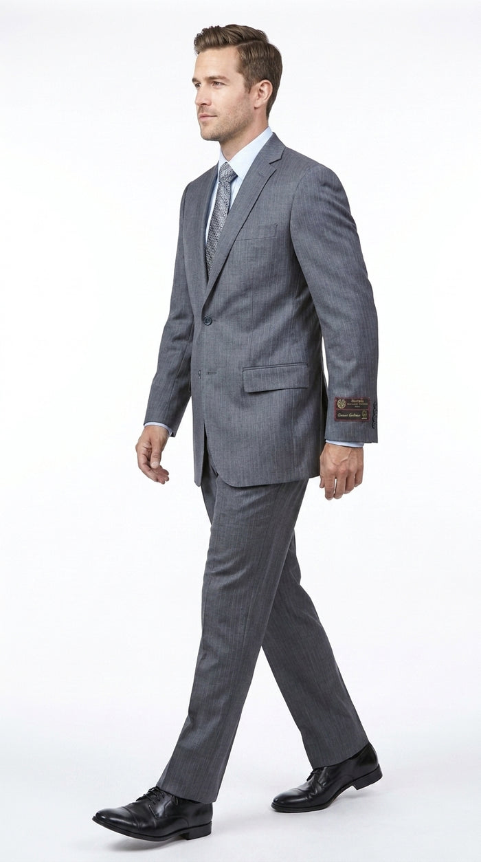 Men’s Grey Pinstripe 2 Button Suit, 2 Piece Business Wedding Formal Dress Suit