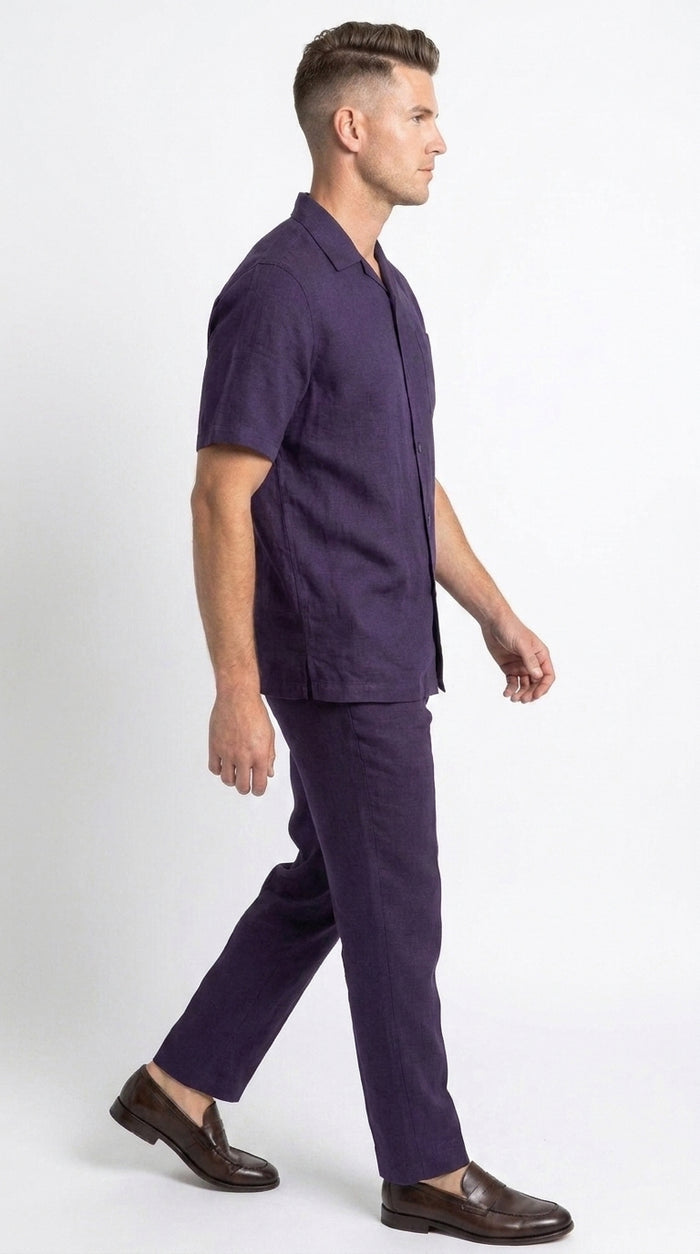 Men’s Dark Navy Linen Walking Suit, Short Sleeve Shirt and Pants Casual Summer Set