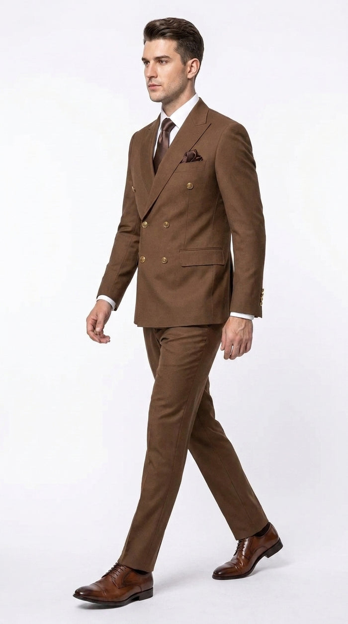 Rossi Man Men’s Brown Double Breasted Suit, Modern Fit Formal Wedding Business Dress Suit
