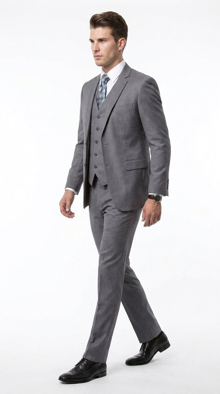Men’s Charcoal Grey 3 Piece Suit, Notch Lapel 2 Button Vested Formal Business Dress Suit