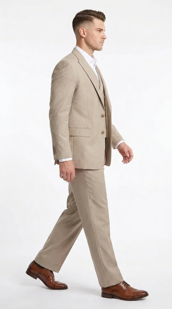 Tiglio Rosso Men’s Tan 3 Piece Italian Wool Suit, Classic Fit Peak Lapel Wide Leg Dress Suit