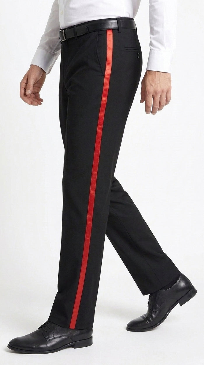 Men’s Black Tuxedo Pants with Red Satin Side Stripe, Classic Fit Flat or Pleated Formal Slacks