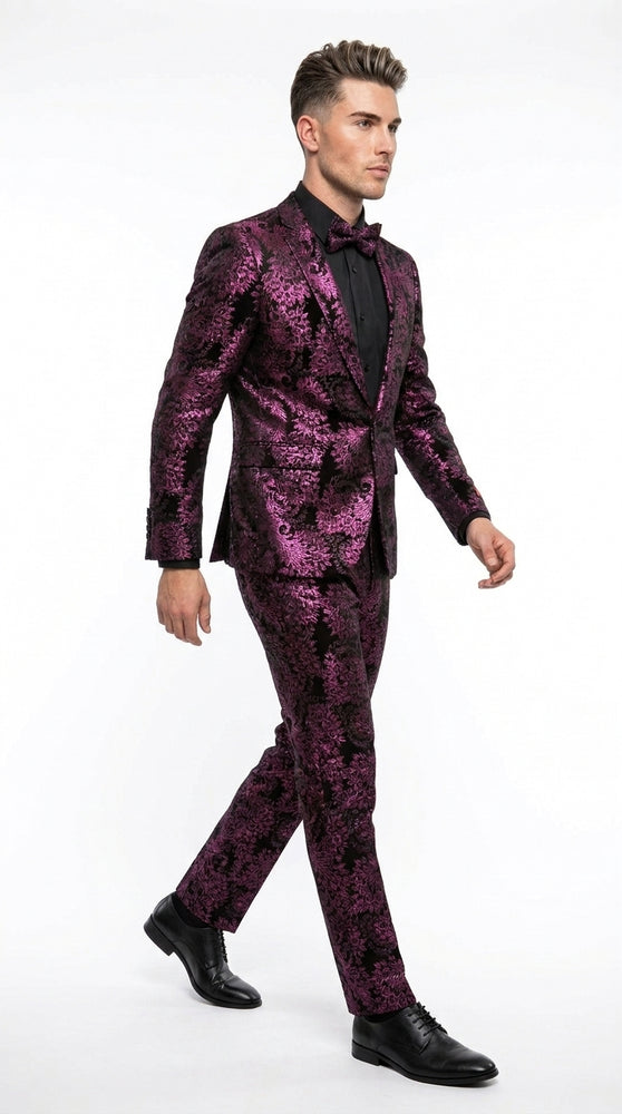 Men’s Black and Deep Pink Floral Tuxedo Suit, Slim Fit 2 Piece Formal Prom Wedding Suit with Bow Tie