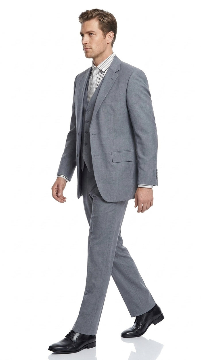 Men’s Mid Gray 3 Piece Suit, Modern Fit 2 Button Vested Formal Wedding Business Suit