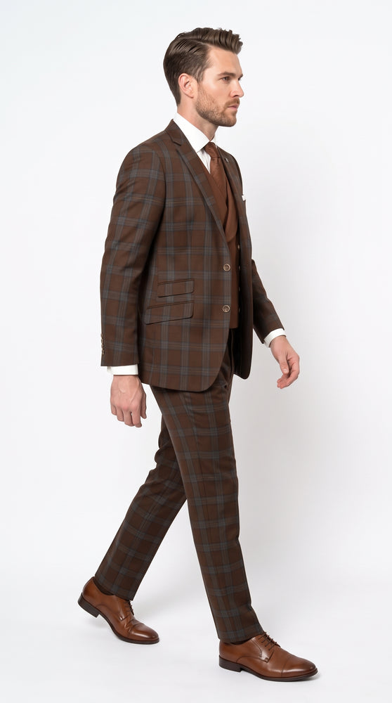 Statement Men’s Brown Plaid 3 Piece Wool Suit, Classic Fashion Suit with Double Breasted Vest