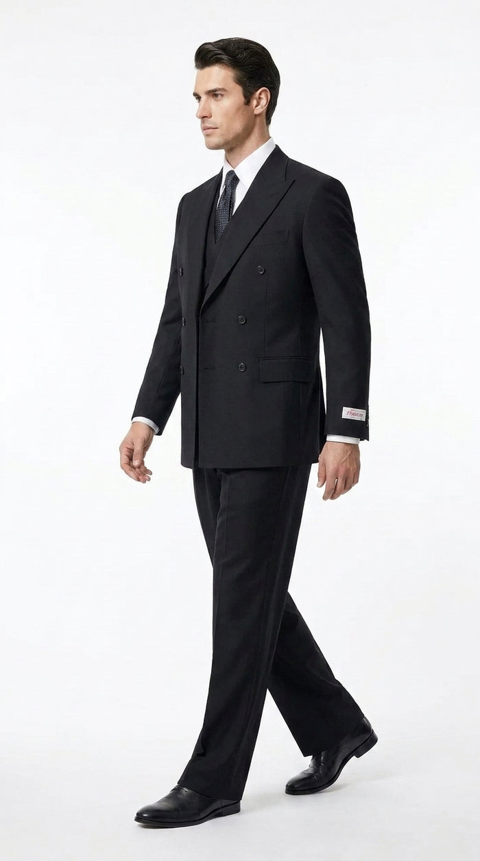 Tiglio Men’s Black Double Breasted Wool Suit, Super 150s Italian Fabric Wide Leg Vested Suit