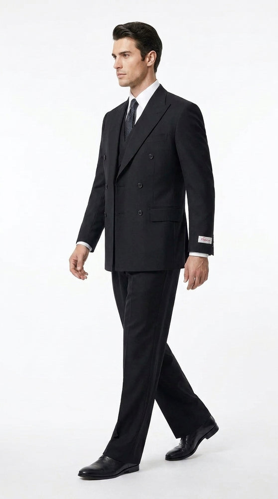 Tiglio Men’s Black Double Breasted Wool Suit, Super 150s Italian Fabric Wide Leg Vested Suit