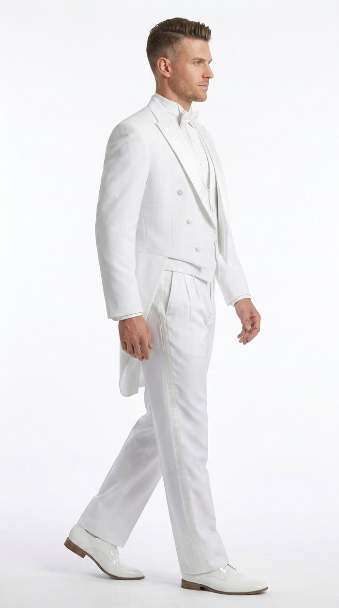 Men’s White Tailcoat Tuxedo with Lapelled Vest, Formal Wedding White Tie Tail Suit