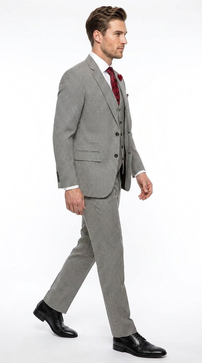 Men’s Black and White Houndstooth Tweed 3 Piece Suit, Vested 2 Button Formal Dress Suit