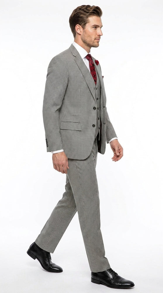 Men’s Black and White Houndstooth Tweed 3 Piece Suit, Vested 2 Button Formal Dress Suit