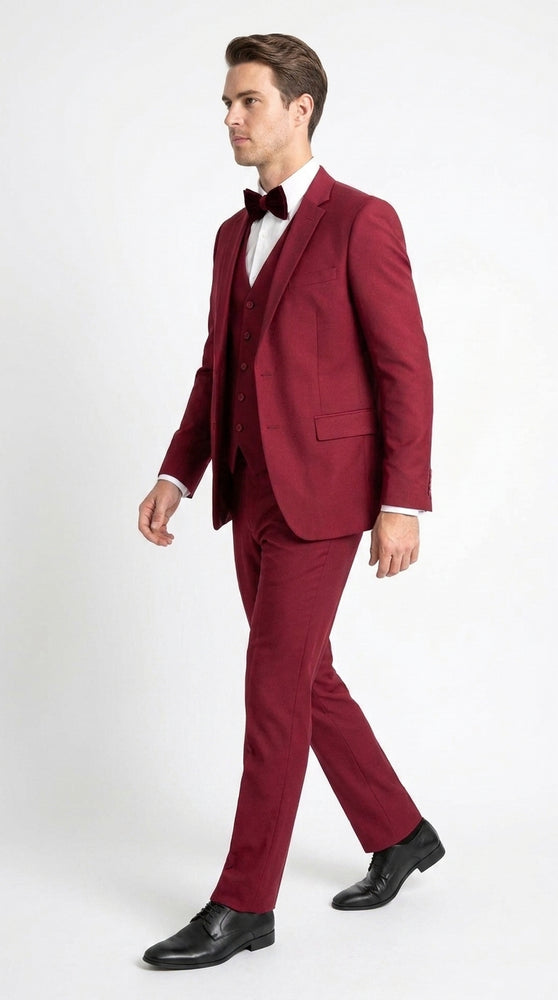 Men’s Red 3 Piece Suit, Tapered European Cut Formal Wedding Prom Suit