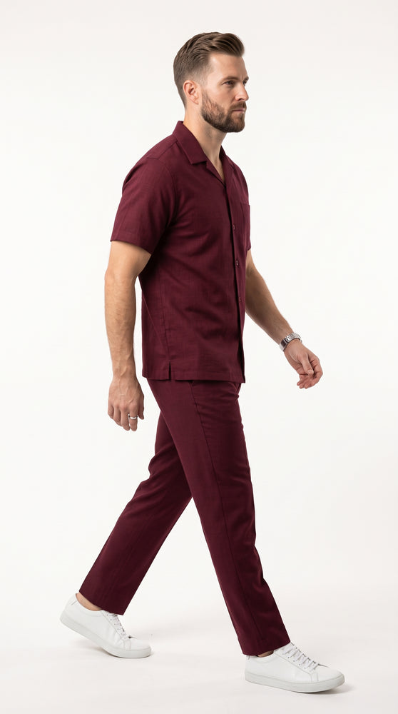Men’s Burgundy Walking Suit, Big and Tall Casual Shirt and Pants Set up to 6XL