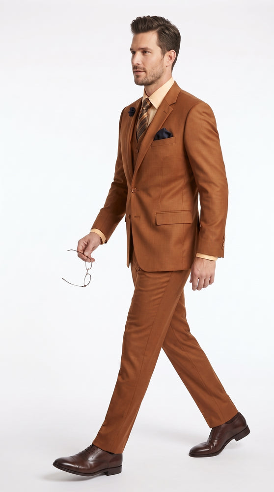 Men’s Copper Rust 3 Piece Vested Suit, Solid 2 Button Formal Wedding Business Suit